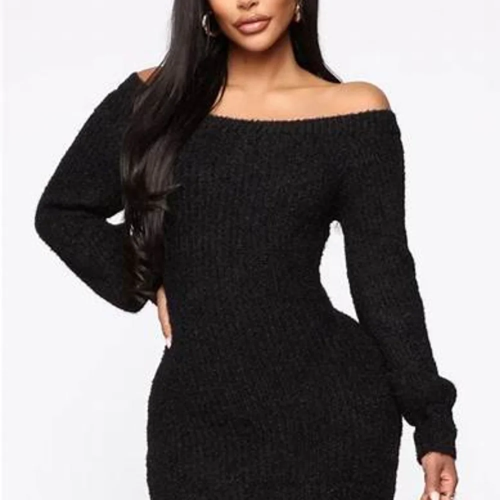 Chic Black Off-Shoulder Sweater Dress - Picture 1 of 6